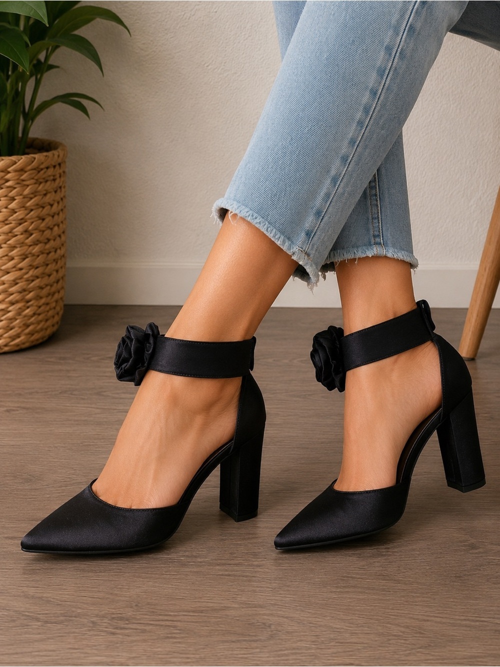 Black Satin Pointed Toe Block Heels w/ Rosette Ankle Strap Size 38 NWOT